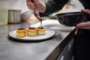 chef cooking Terrine of foie gras on kitchen - obrazy, fototapety, plakaty