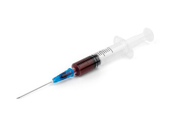 Fototapeta premium A syringe with blood for a blood test. Medical syringe with dark liquid. Drugs. Vitamins. Medicines.
