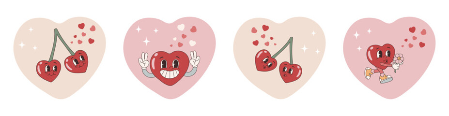 Groovy lovely hearts stickers heart character. Love concept. Happy Valentines day. Funky happy heart character in trendy retro 60s 70s cartoon style. Vector illustration in pink red colors.	