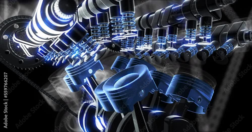Poster High tech V8 engine with valves, pistons and crankshaft. Perfect Loop. Camera moving around. 
