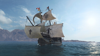 The NAO VICTORIA is the flag ship of the MAGELLAN armada. 
A scientific 3D-reconstruction of a spanish galleon fleet 
in the beginning of the 16th century. 
sails ahead of a global circumnavigation - obrazy, fototapety, plakaty