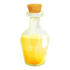 Vinegar in glass bottle with cork in cartoon style isolated on white background. Apple, wine liquid, dressing.