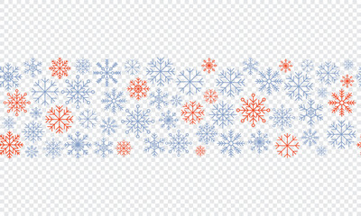 Snowflake seamless border. Snowflakes seamless pattern. Snowfall repeat backdrop. Winter holidays theme. Seamless background with snowflakes. Vector illustration