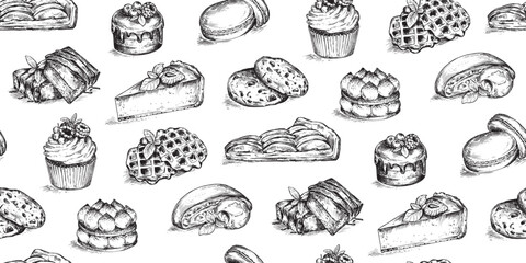Vector seamless pattern with hand drawn desserts in sketch style - 559767269