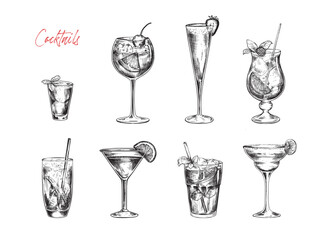 Set of vector hand drawn cocktails in sketch style