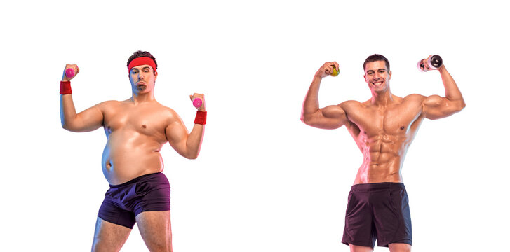 Before After Weight Loss fitness Transformation. The man was fat but became athlete. Fat to fit concept. Isolated on white background