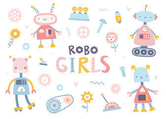 Fototapeta na wymiar Cute girly robots set for kids. Cartoon pink robotic collection for baby girls. Funny robo sticker bundle.