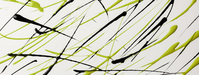 Thin green and black lines and splashes drawn on white background. Abstract art backdrop