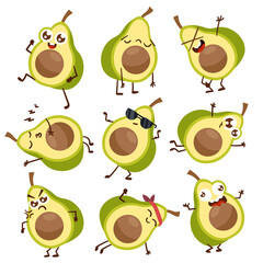 Cute Cartoon Emotional Avocado character stickers on white background