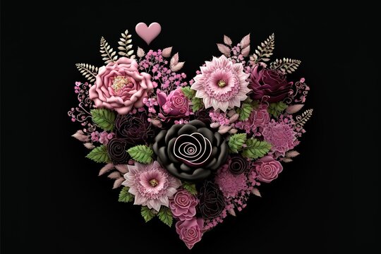 Heart of flowers on dark background. Valentines Day. Love. Wedding. Gifts & Card. Generate AI.