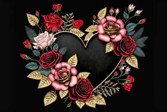 Black heart of flowers on dark background. Valentines Day. Love. Gothic. Wedding. Gifts & Card. Generate AI.