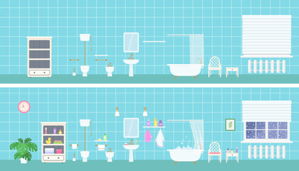 Panoramic bathroom interior with retro clawfoot tub, sink, toilet and bidet and accessories. On blue background. Home interior concept. Cartoon flat style. Vector illustration