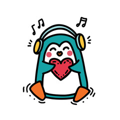 Cute little penguin sits, sings, listens to music on headphones and holds a big red heart in his hands. Funny childish illustration for stickers, greeting cards, baby textiles. Vector doodle art
