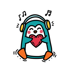 Naklejka premium Cute little penguin sits, sings, listens to music on headphones and holds a big red heart in his hands. Funny childish illustration for stickers, greeting cards, baby textiles. Vector doodle art