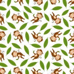Cute seamless vector pattern with monkeys  and leaves on white background. Funny print with young african animals hand drawn in flat style. For kids textile or wrapping paper