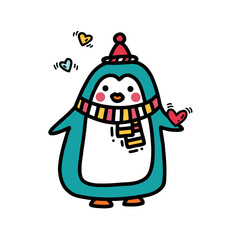 Cute little penguin boy in a colorful scarf and a winter hat holds a red heart in his hands. Funny childish illustration for stickers, greeting cards, baby textiles. Vector art in doodle style