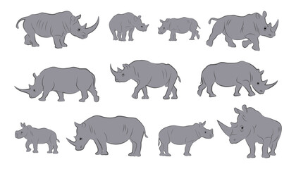 vector illustration of a silhouette of a standing rhinoceros. rhinoceros  for the logo. Rhino Animal Silhouette set