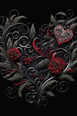 Heart on black background with floral ornament. Valentines Day. Love. Wedding. Gifts & Card. St. Valentine's Day. Generate AI.