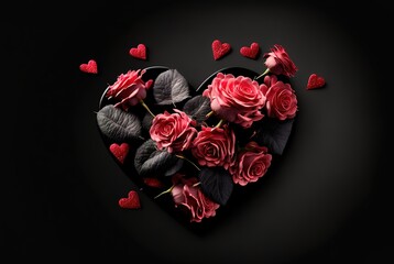 Black floral heart on black background. Valentines Day. Love. Poster St. Valentine's Day. Generate AI.