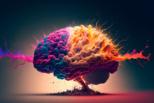 brain explodes with paints with splashes on a dark background creative thinking. Generative ai science 