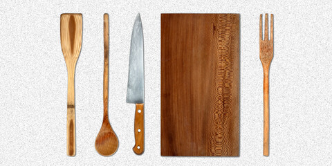 Topview of Cutting Board and Set Cooking Wooden Utensils on Ligth Gray Background