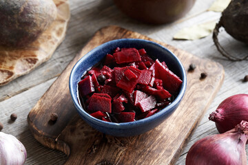 Fermented beetroot kvass in a bowl on a table