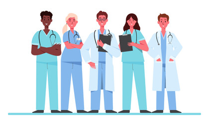 Set of doctor cartoon characters, hospital medical team concept in various poses.