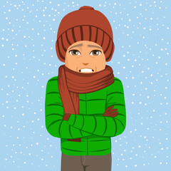 Obraz na płótnie Canvas Vector illustration of senior man feeling cold bad weather outdoors during winter. Old male portrait on snow day outside in wintertime 