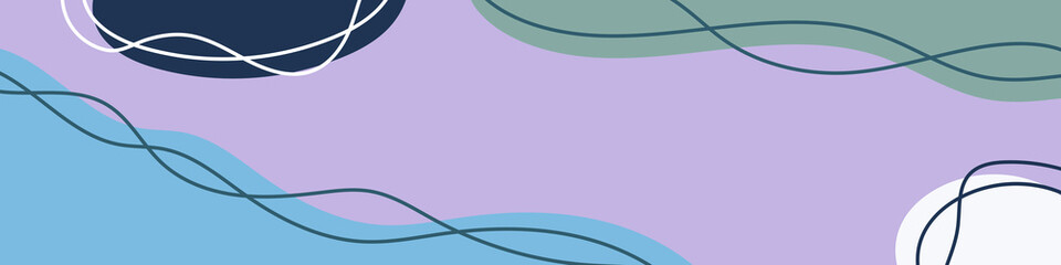 Abstract organic wavy shapes background. Hand drawn cool colors horizontal banner. For newsletter, web header, social media post, promotional banner and advertising. Vector illustration, flat design