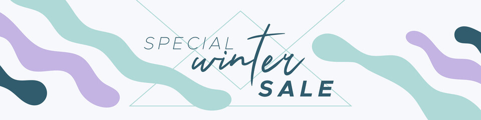 Winter sale colorful banner. Abstract organic wavy shapes background. For newsletter, web header, social media post, promotional banner, advertising and identity. Vector illustration, flat design