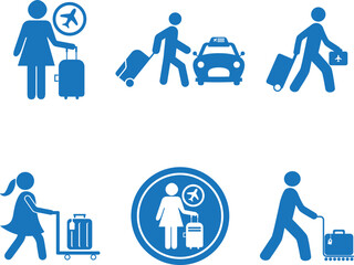 Travel with bag icon set, travel backpack icon set blue vector