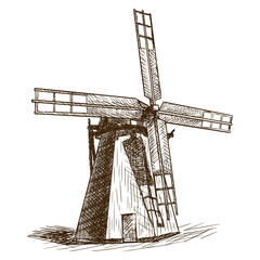 Windmill hand drawn sketch PNG illustration with transparent background - obrazy, fototapety, plakaty