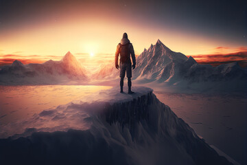 Man standing top of mountain on sunset sky background. Travel vacation and freedom concept. Generative AI