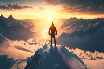 Fototapeta premium Man standing top of mountain on sunset sky background. Travel vacation and freedom concept. Generative AI