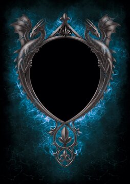 Gothic Silver frame on Blue fire with Two Dragons. Free-hand Digital painting. Fantasy art.
