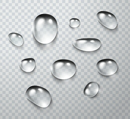 Water rain drop set isolated on transparent background. Realistic condense droplets collection. Vector clear bubbles, gel elements or dew templates