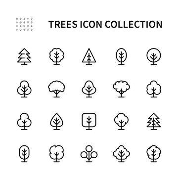 Trees vector linear icons set. Isolated collection of tree icon on white background. Trees symbol vector set.