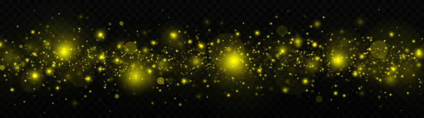 Shiny dust sparks and stars with light effect. Glitter bokeh light isolated on a transparent background. Golden glow light effect.