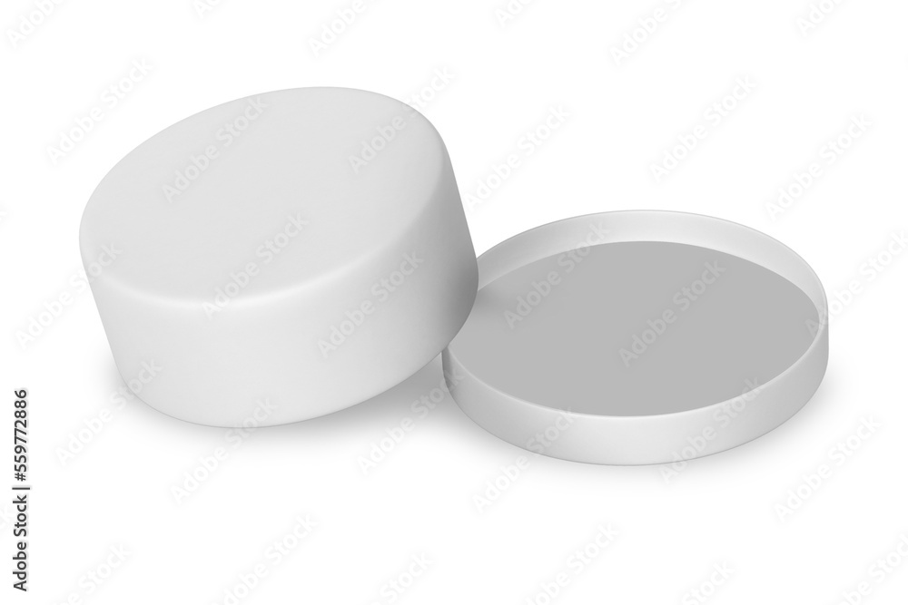 Poster empty blank round cake packaging box mockup isolated on white background. open and closed. 3d render