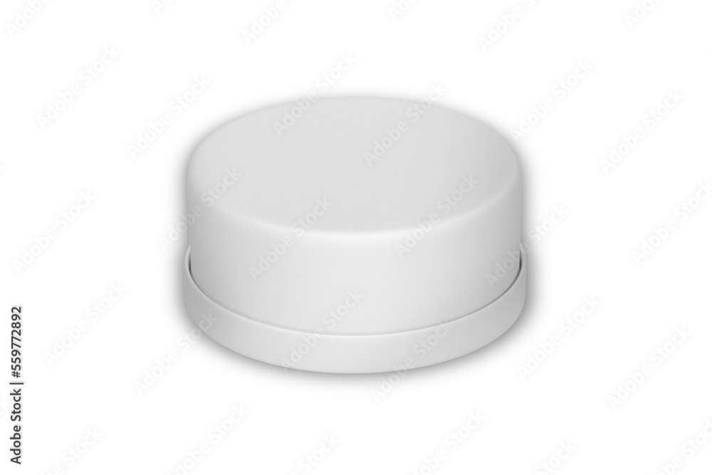 Poster empty blank round cake packaging box mockup isolated on white background. open and closed. 3d render