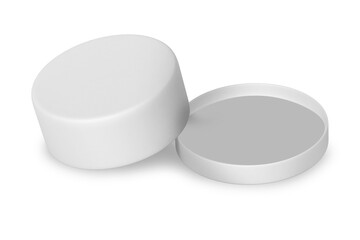 Empty blank Round cake packaging box mockup isolated on white background. open and closed. 3d rendering.