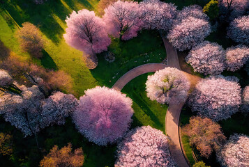 Park with Cherry Blossom Trees Birds View Generative AI