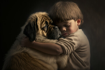 Generative Ai of a kid hugging a dog. Emotive image. 