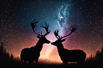 Silhouette of deer under the starry sky