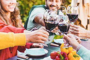 Diverse group of friends clinking red wine glasses while toasting in celebration during dinner party outdoors in Summer