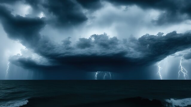 Storm clouds and rain with the dark sky over the sea. © Muffin