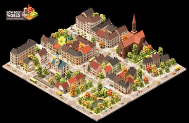 Vector isometric world map creation set. Combinable map elements. Town or city center map. Old town buildings and streets
