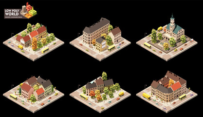 Vector isometric world map creation set. Combinable map elements. Town or city center map. Old town buildings and streets