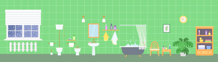 Panoramic bathroom interior with retro clawfoot tub, toilet, bidet and sink on green background. Home interior concept. Cartoon flat style. Vector illustration