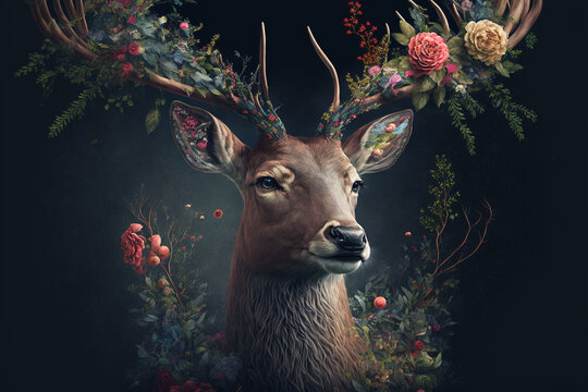 Generative Ai with beautiful deer and antlers with flowers and greenery. 